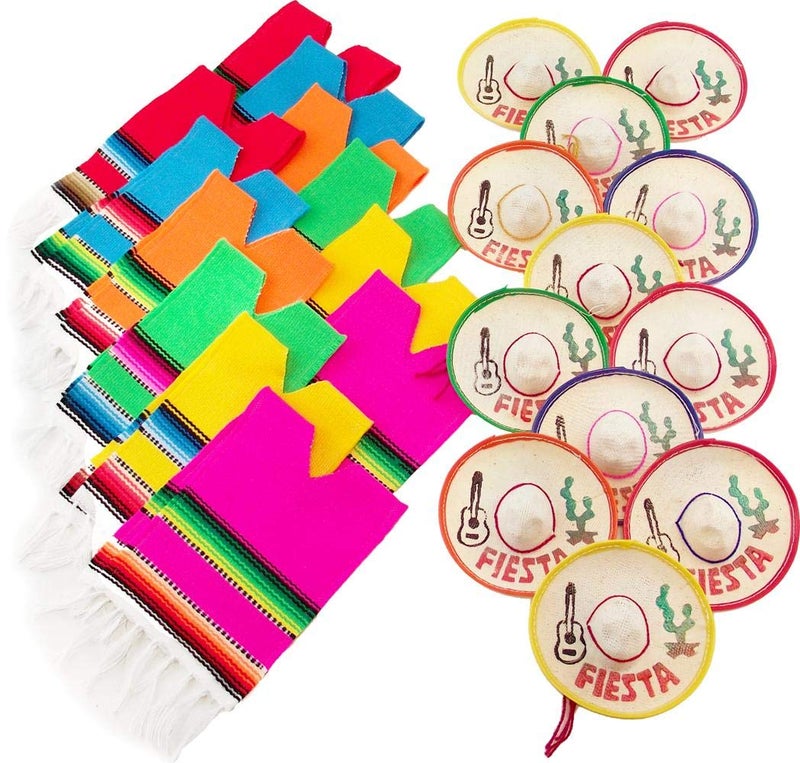More Fiesta Set of 12 Serapes for Bottles and Mini Fiesta Hats for Bottles - 4 Inches by 11 Inches Poncho Cover, 3.5 Inches Wide Sombrero (Pack With 12 Each) Multicolored - Image 3